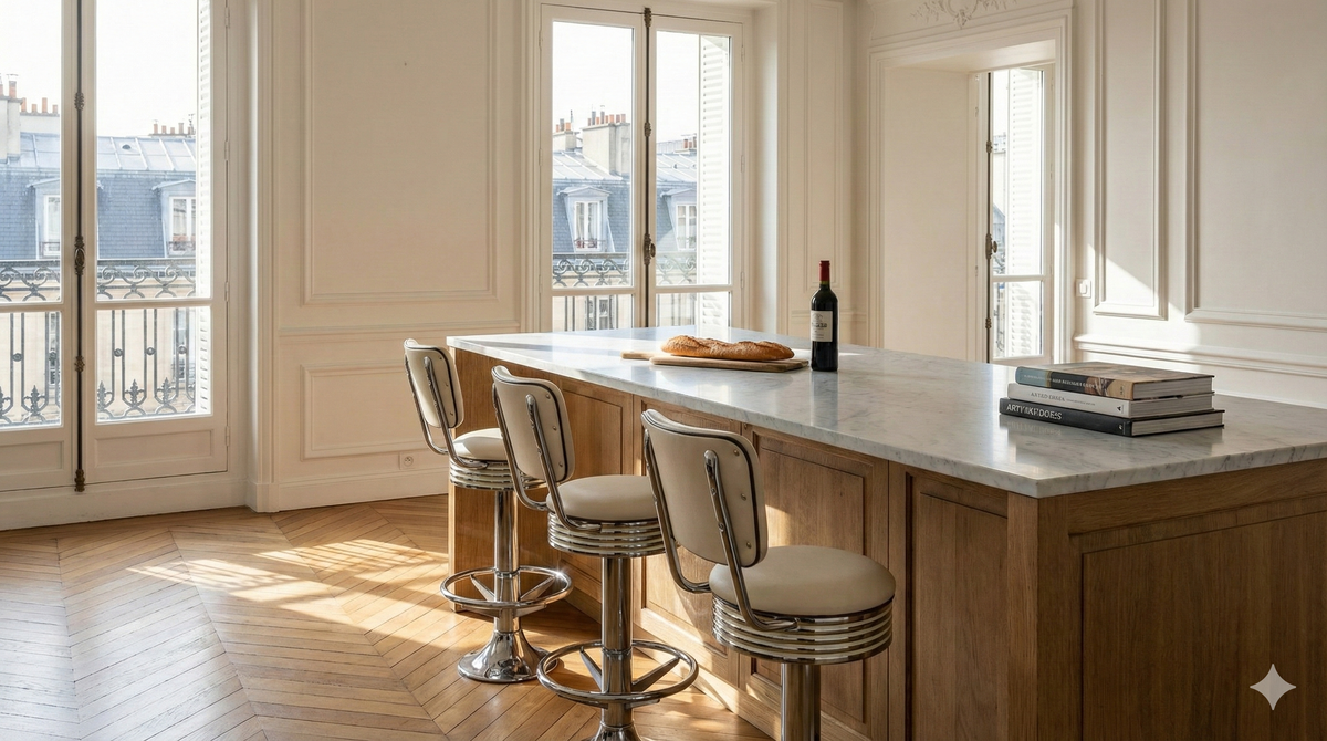 Tabouret de bar Deco50 chromé devant un îlot de cuisine mid-century